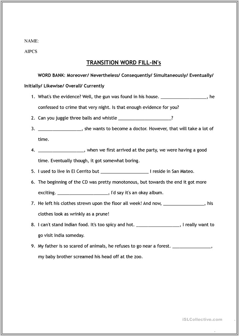 How To Use Transition Words Worksheet