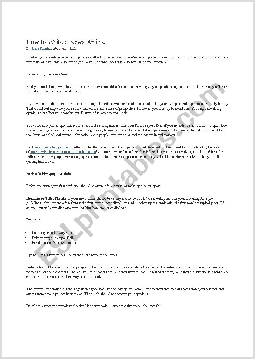 How To Write A News Article Worksheet