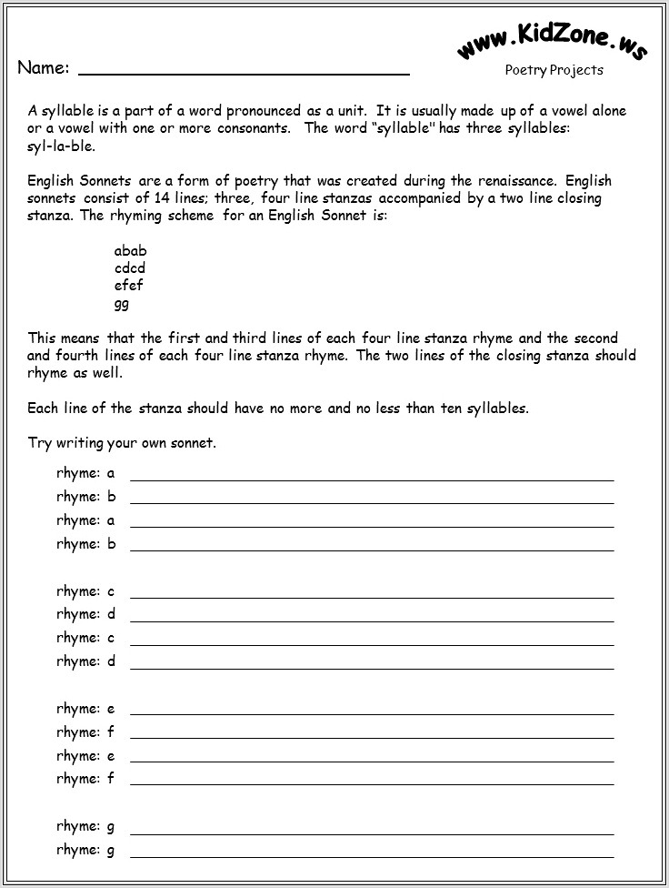How To Write A Sonnet Poem Worksheet