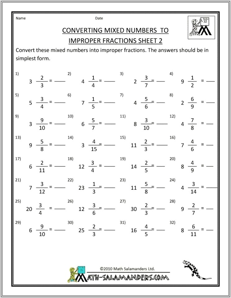 Improper Fraction To Mixed Number Printable Worksheet