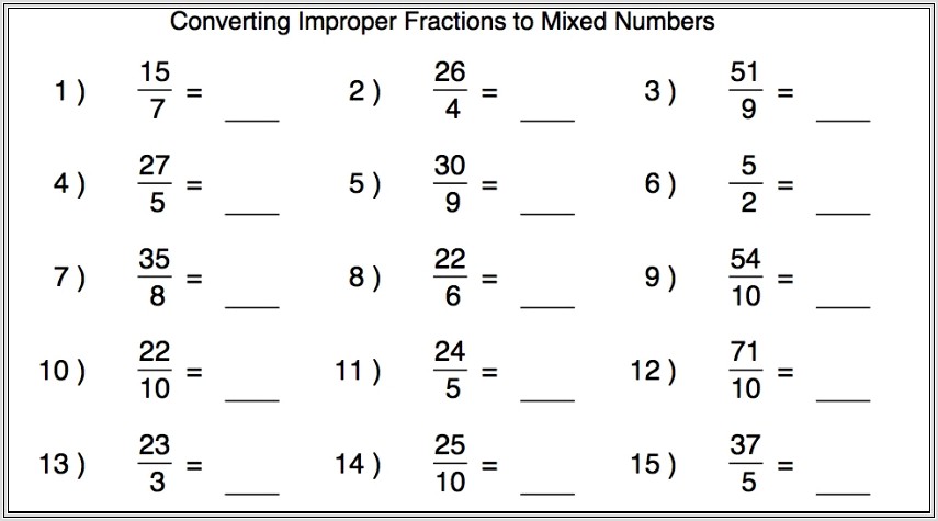 Improper Fraction To Mixed Number Worksheet