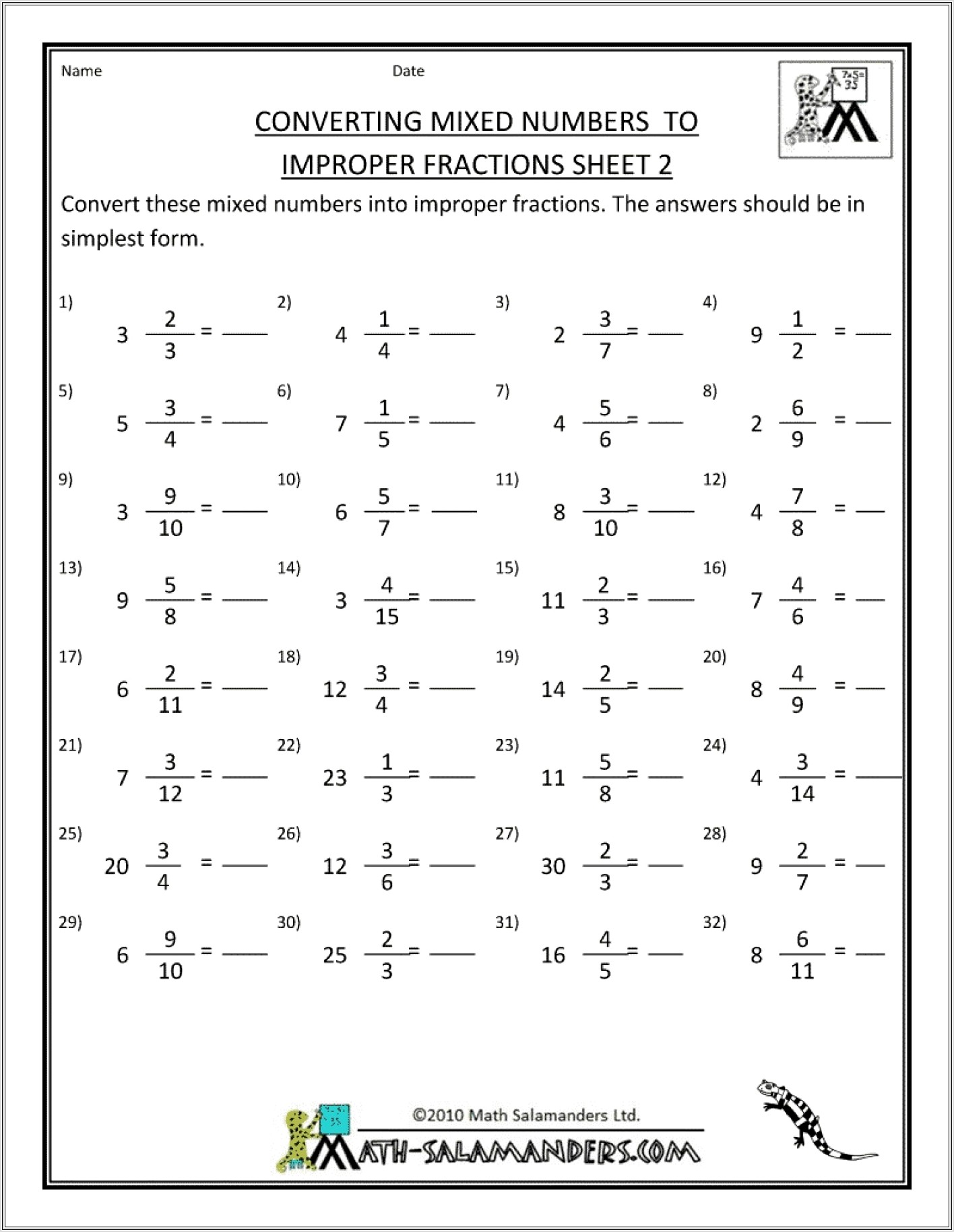 Improper Fractions And Mixed Numbers Worksheet Pdf
