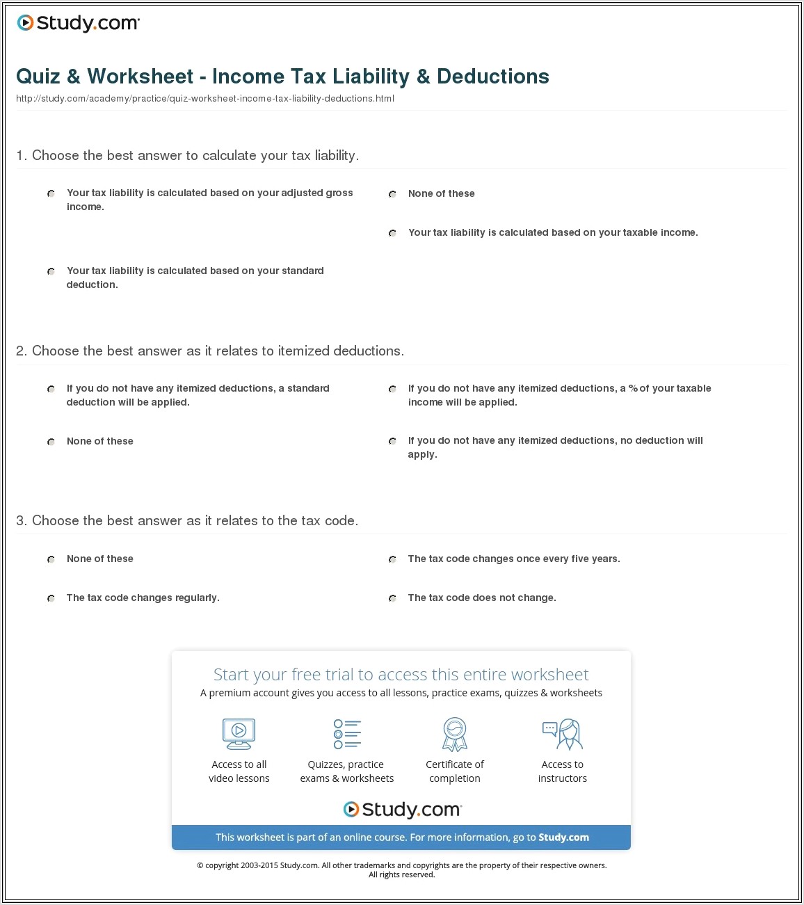 Income Tax Worksheet Middle School