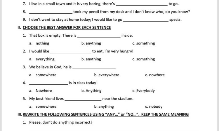 Indefinite Pronouns Worksheet For Grade 2