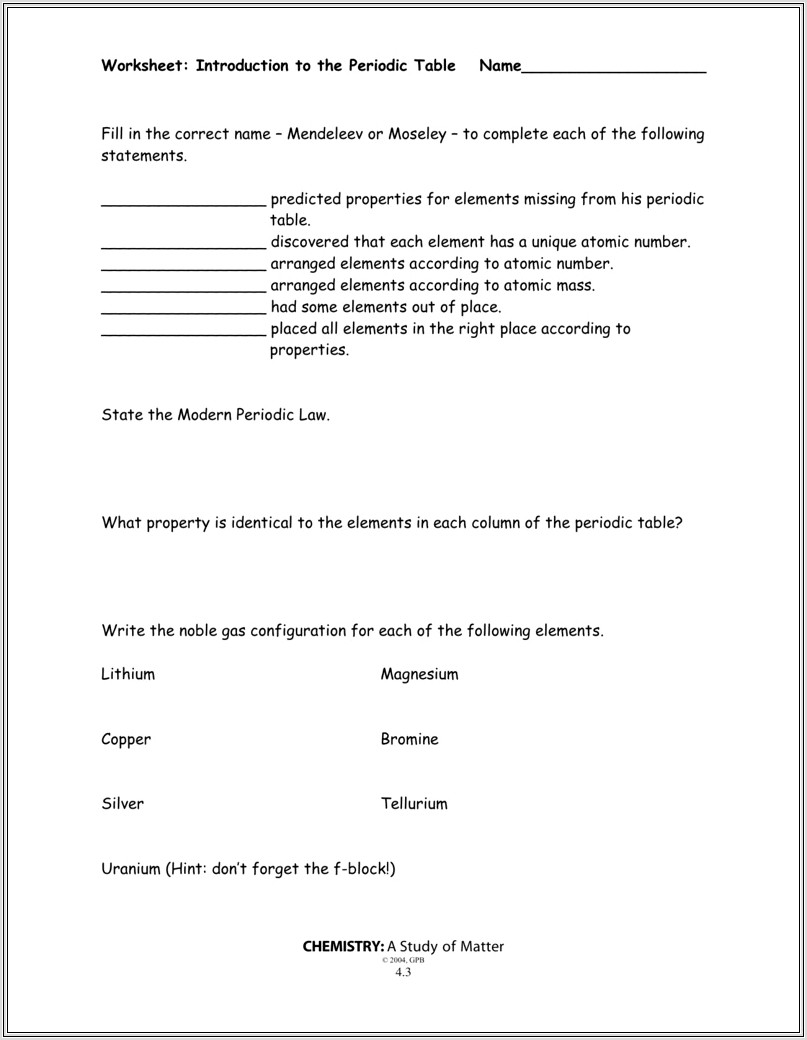 Intro To Periodic Table Worksheet