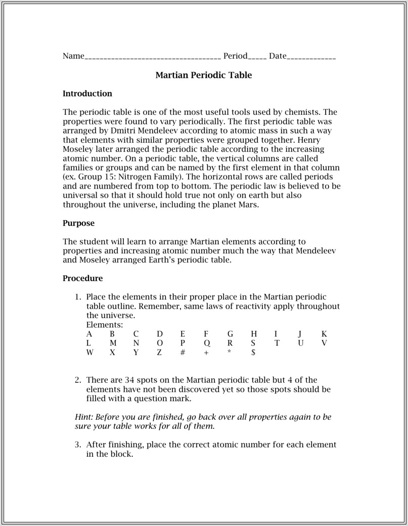 Introduction To Periodic Table Worksheet Answer Key