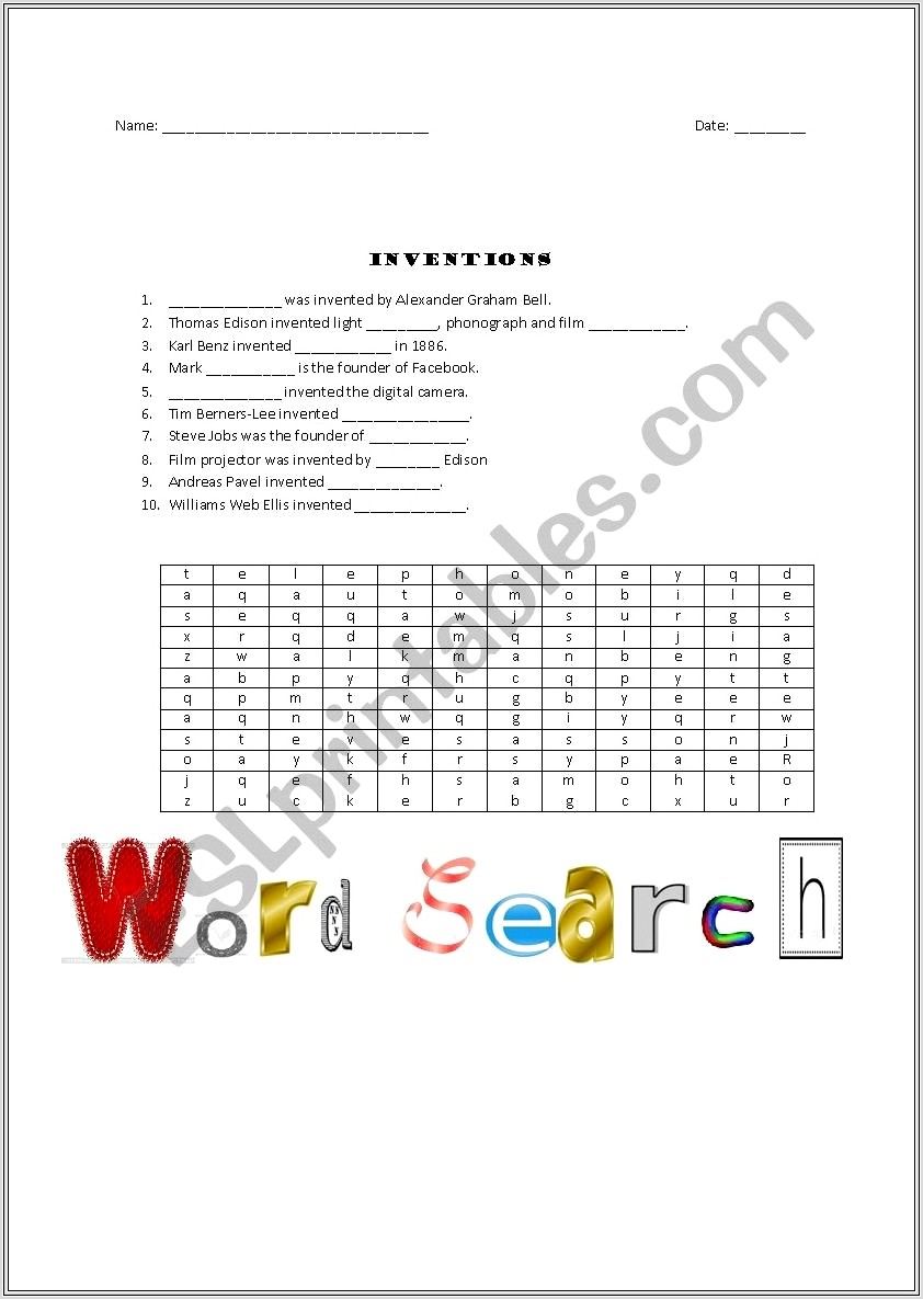 Inventors Word Search Worksheet