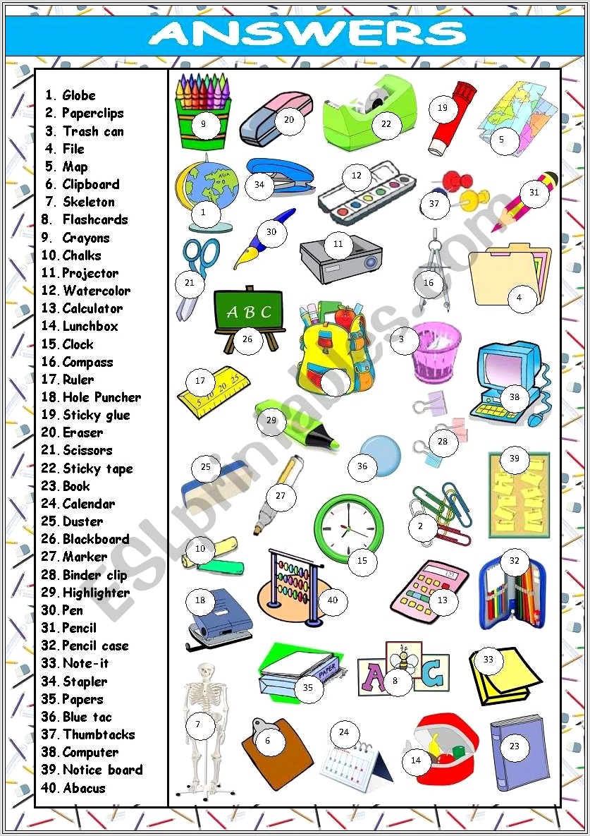 Items In The Classroom Worksheet