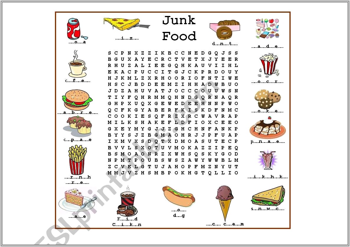 Junk Food Worksheet Esl