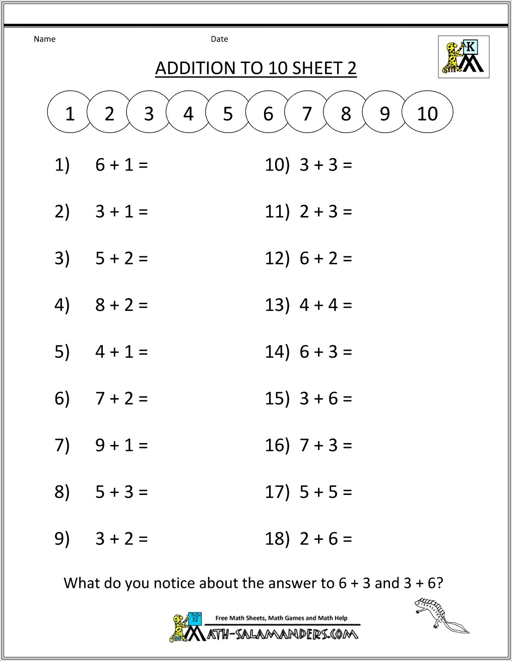 Kindergarten Math Worksheets Addition To 10
