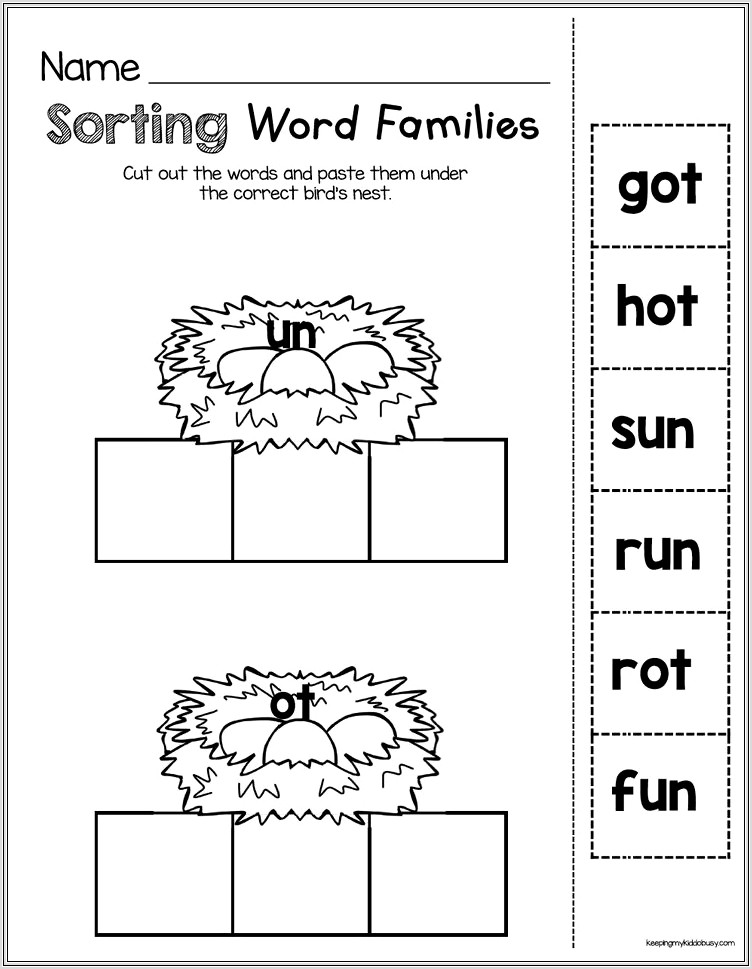 Kindergarten Reading Worksheets Word Families