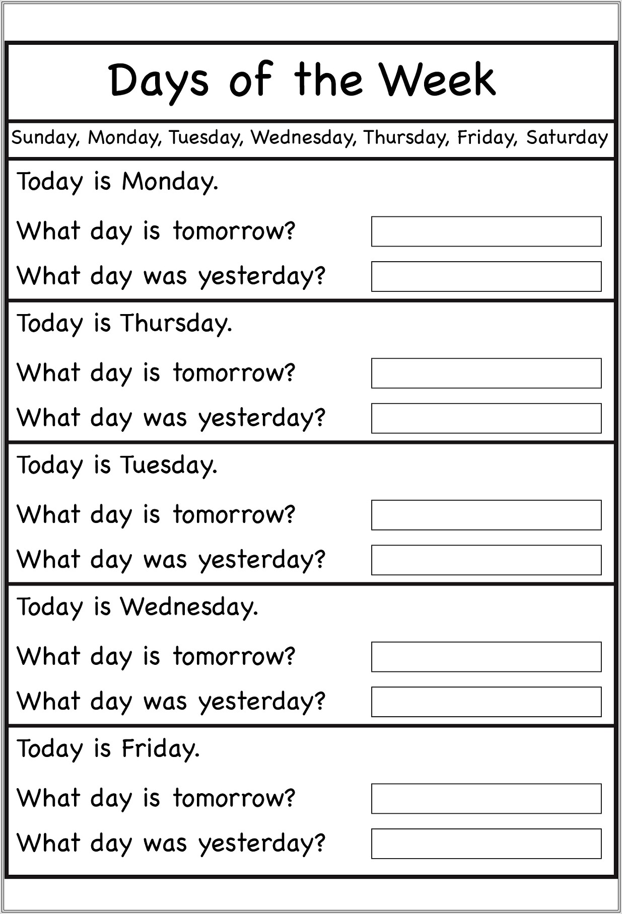 Kindergarten Worksheet Days Of The Week