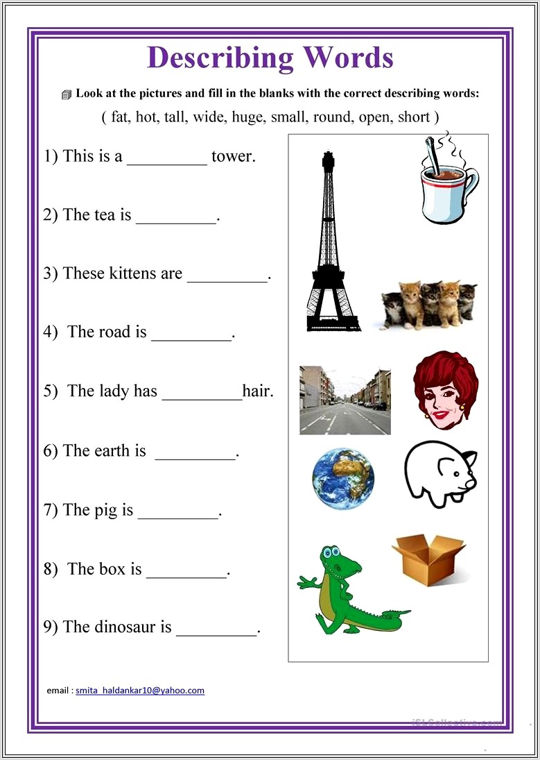 Kindergarten Worksheets Describing Words
