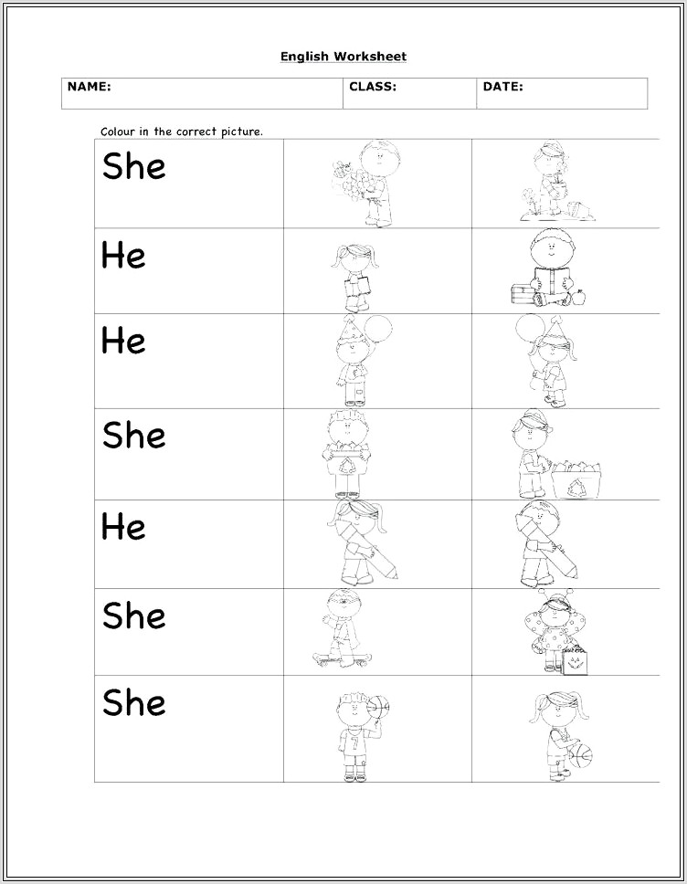 Kindergarten Worksheets He She It