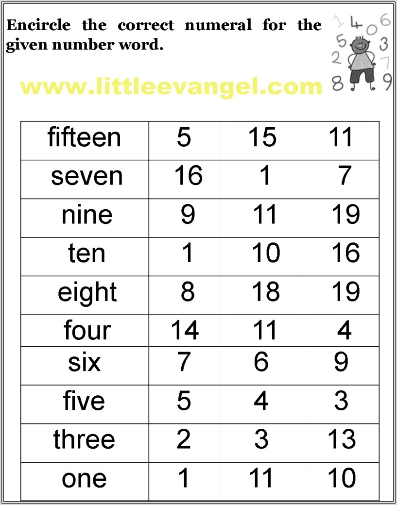 Kindergarten Worksheets Number Words