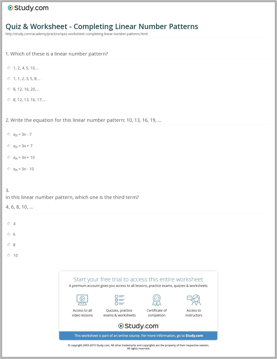 Linear Number Patterns Worksheet