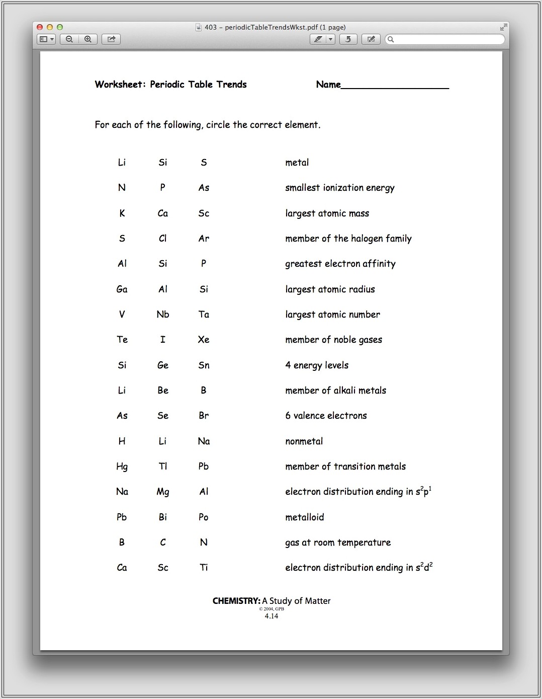 Living Periodic Table Worksheet Answers