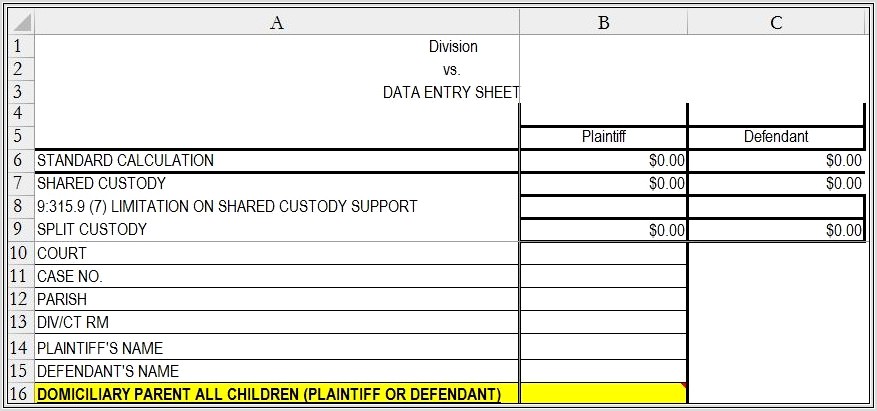 Louisiana Child Support Worksheet Excel