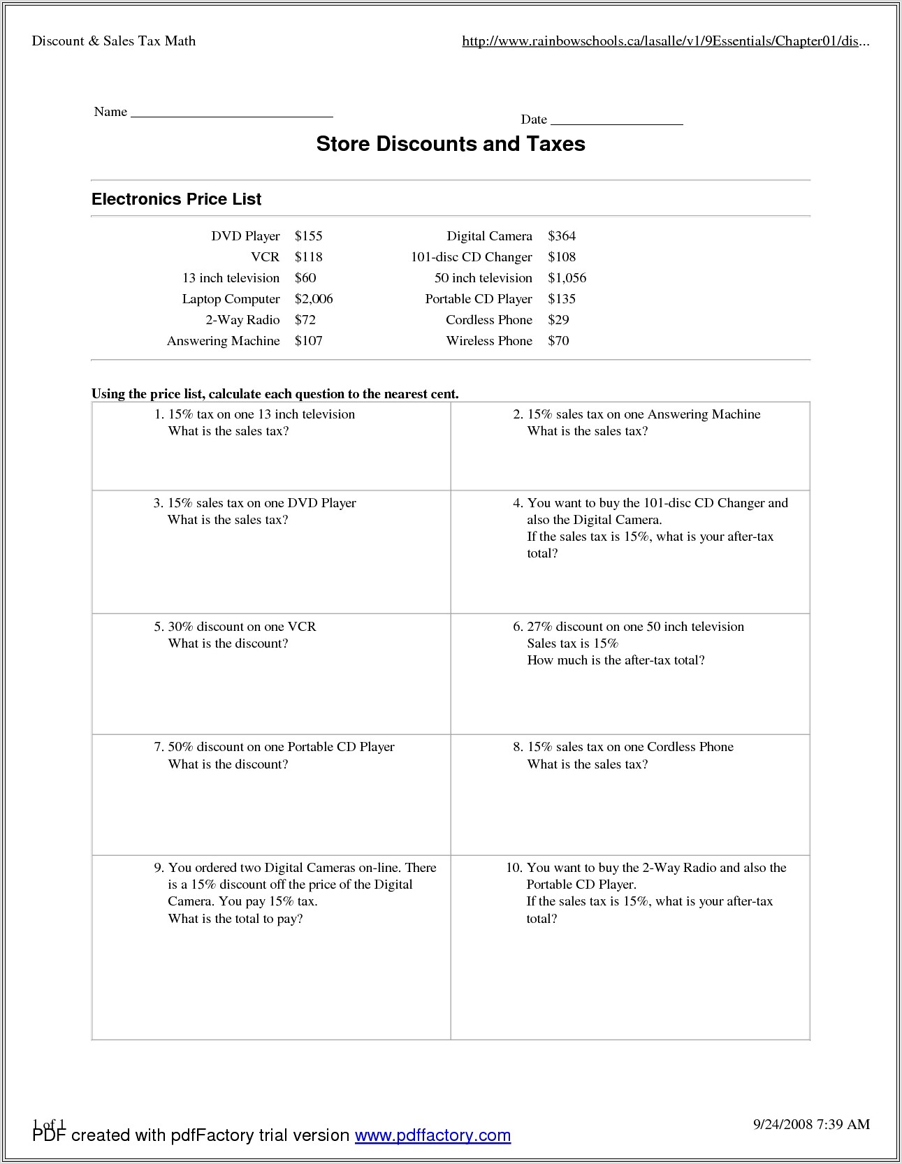 Markup Discount And Tax Worksheet Answers