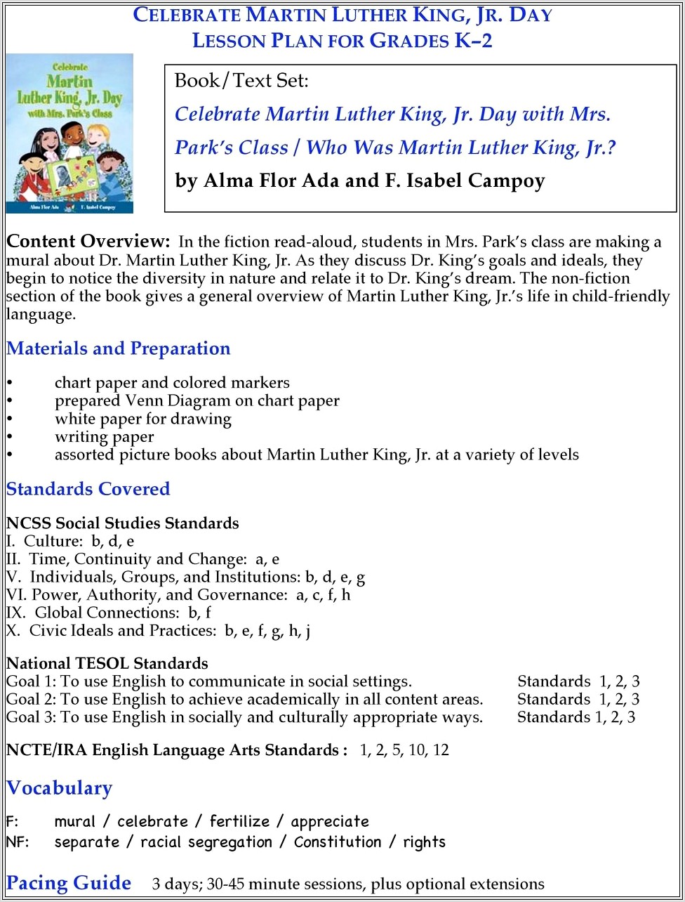 Martin Luther King Jr Day Lesson Plans