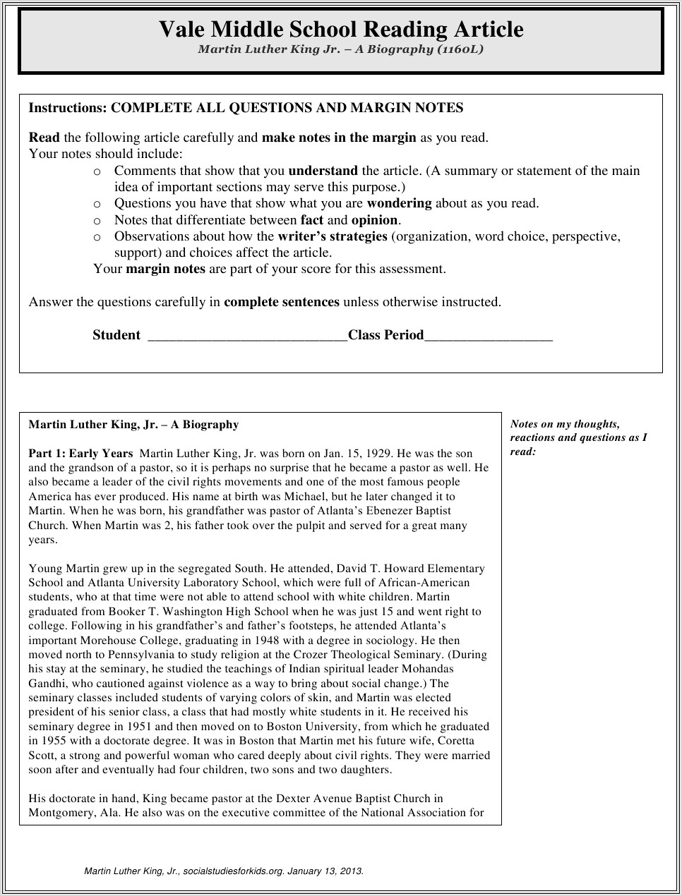 Martin Luther King Jr Worksheet Middle School