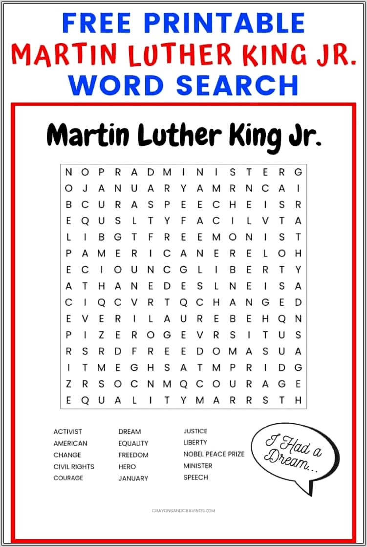 Martin Luther King Jr Worksheets Word Search