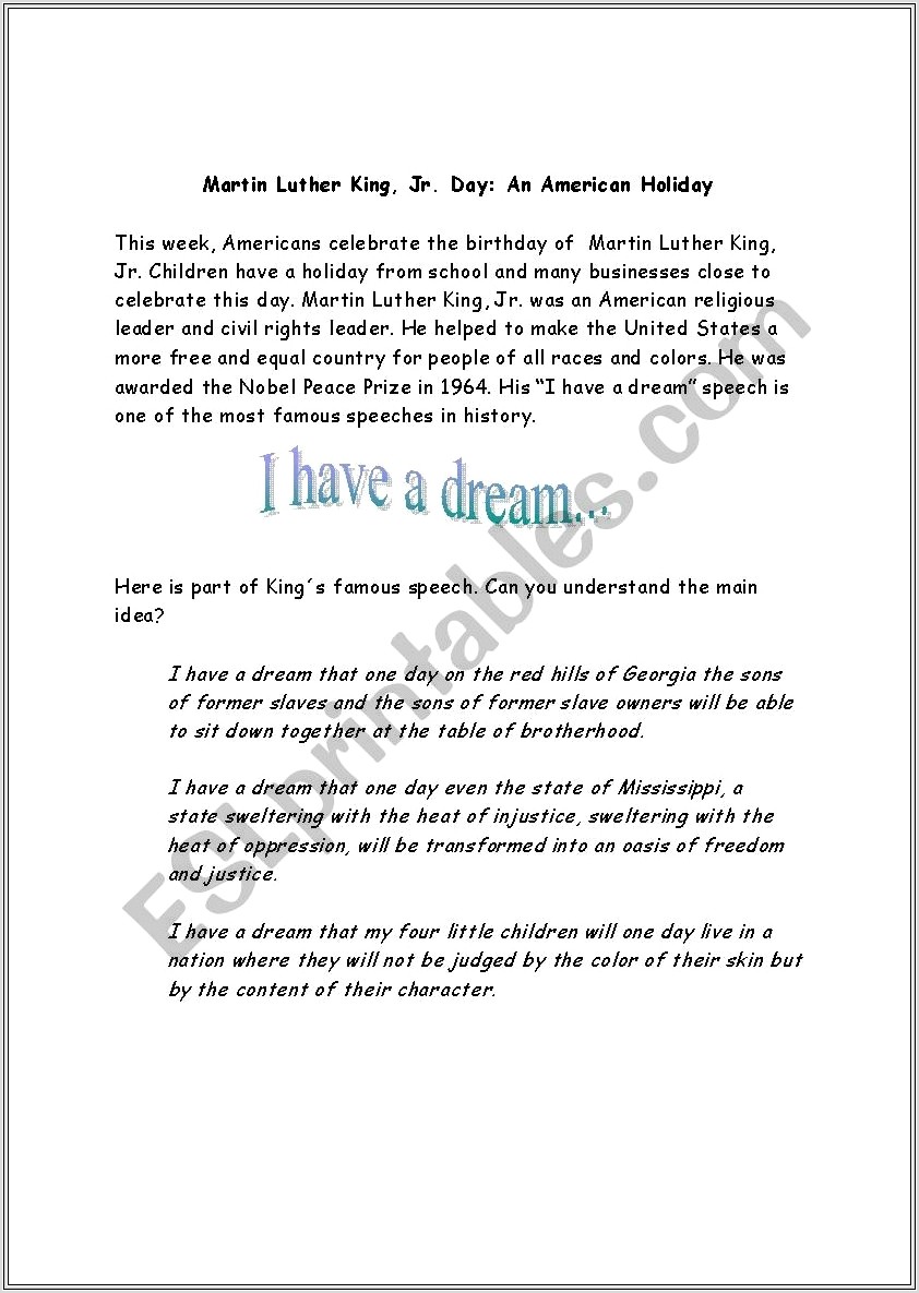 Martin Luther King Jr Writing Worksheet