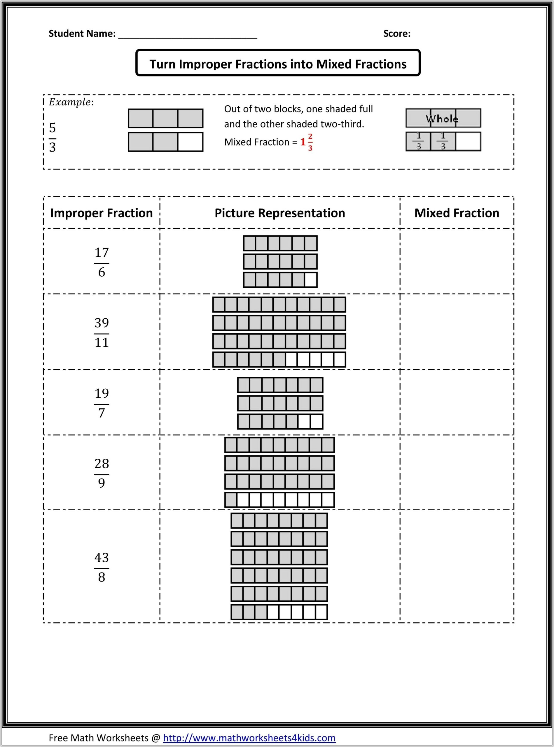 Match Improper Fractions To Mixed Numbers Worksheet
