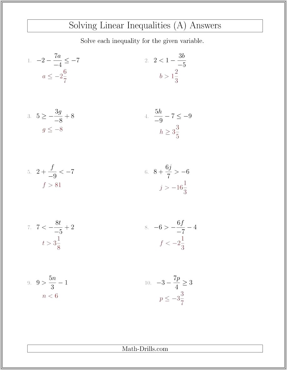 Math 1 Worksheet Linear Inequalities