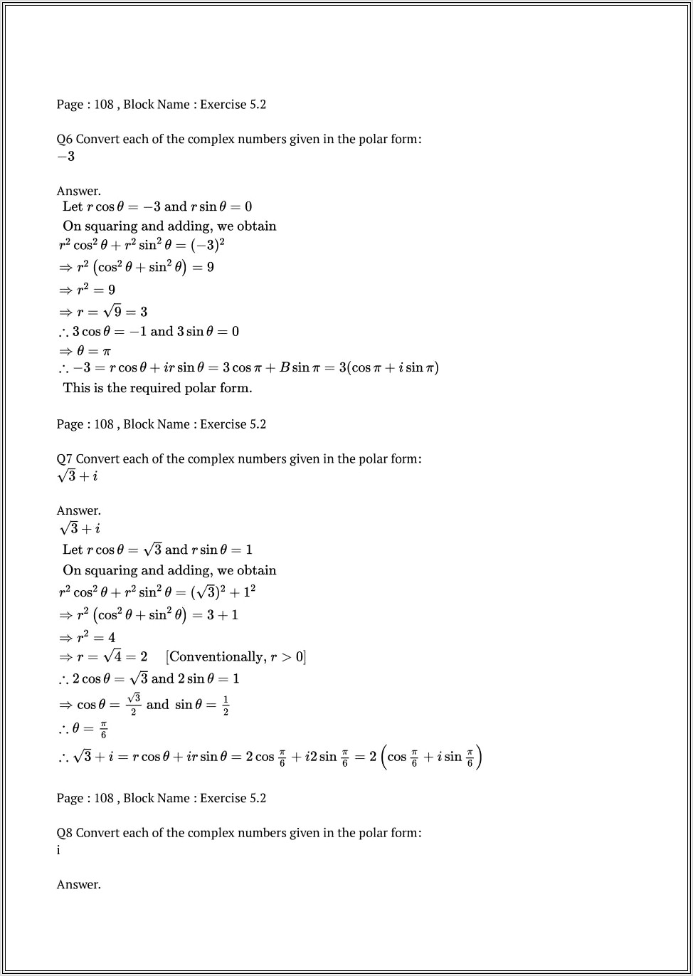 Math 127 Complex Numbers Worksheet Answer Key