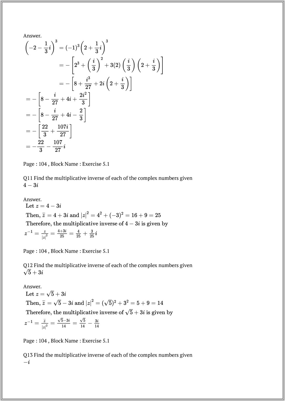 Math 127 Complex Numbers Worksheet Answers