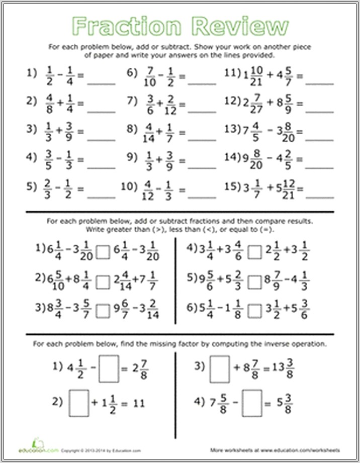 Math Addition And Subtraction Review Worksheet