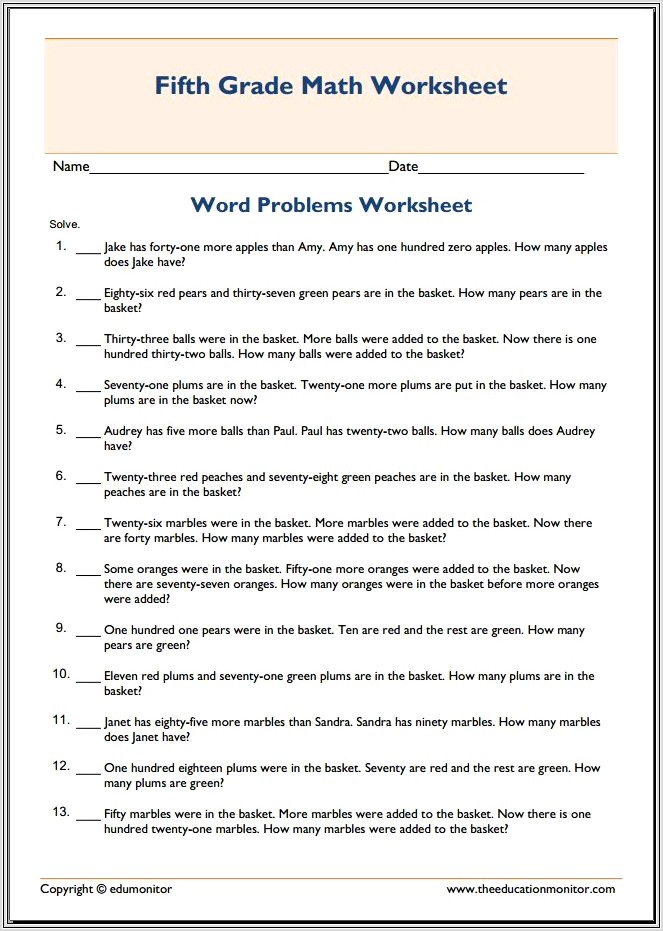 Math Addition Word Problems Worksheet