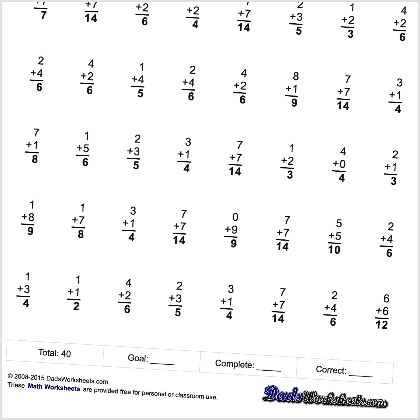 Math Facts Practice Worksheets Addition