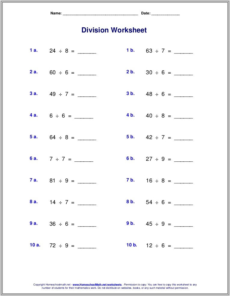 Math Facts Worksheets Division
