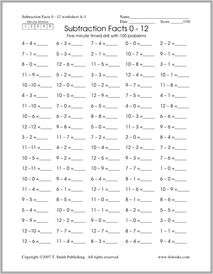 Math Facts Worksheets Subtraction