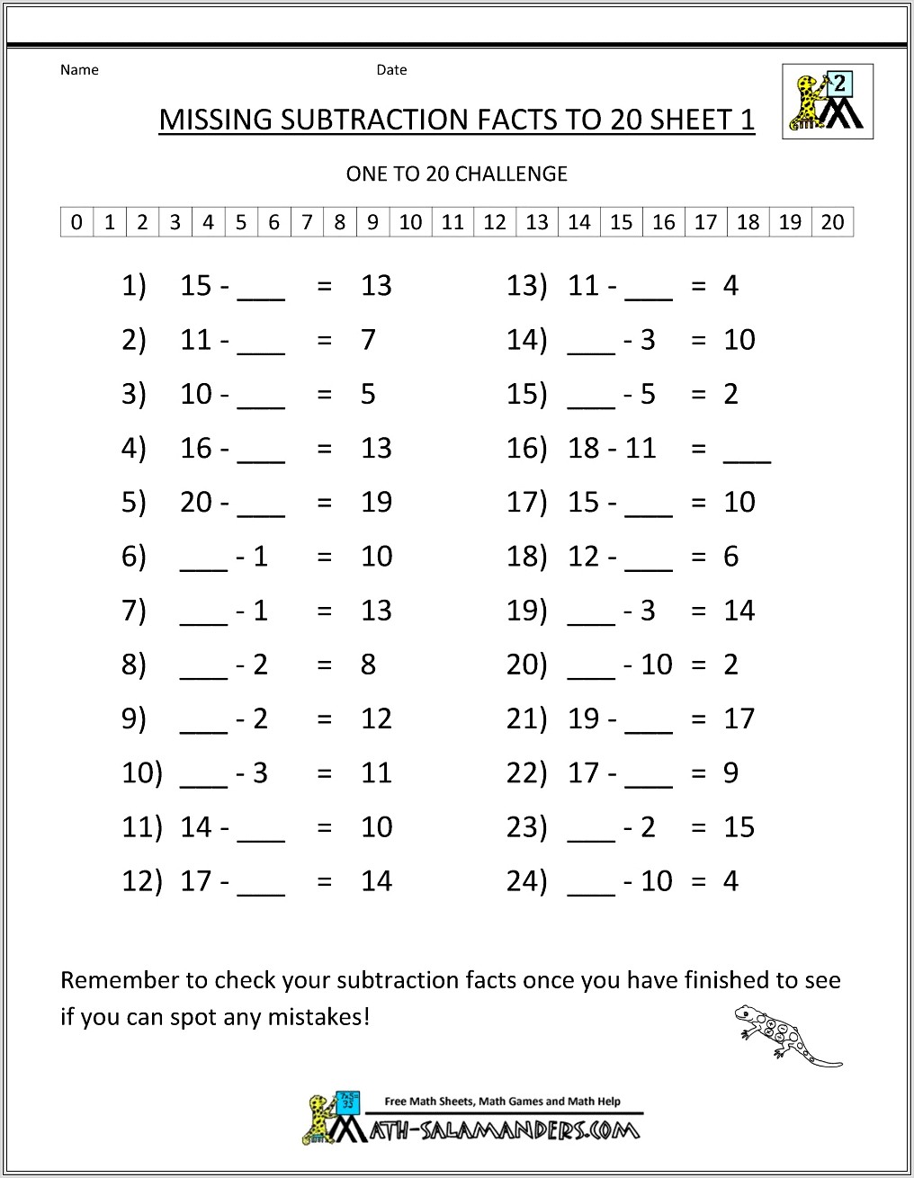 Math Facts Worksheets To 20