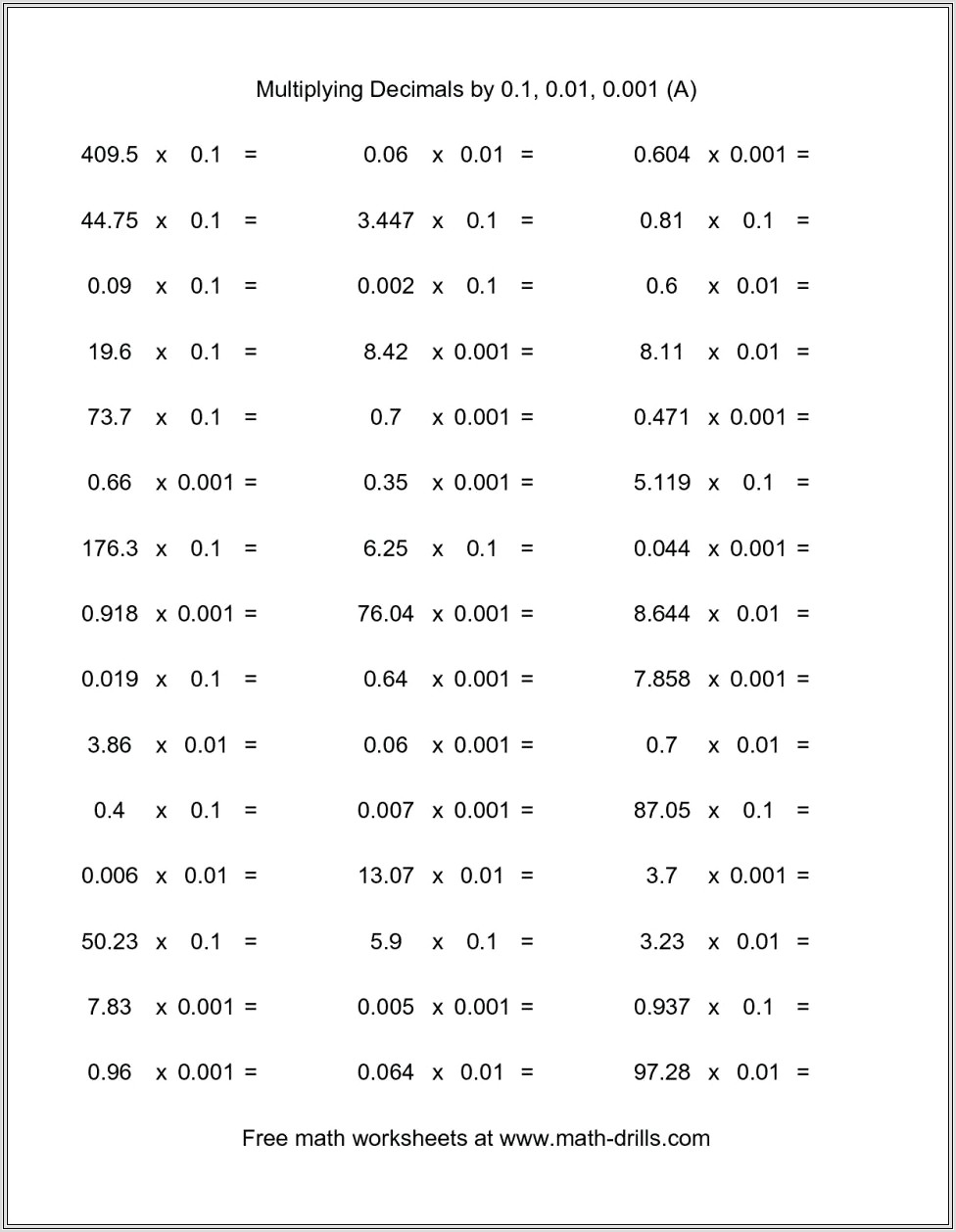 Math Multiplication Decimals Worksheets