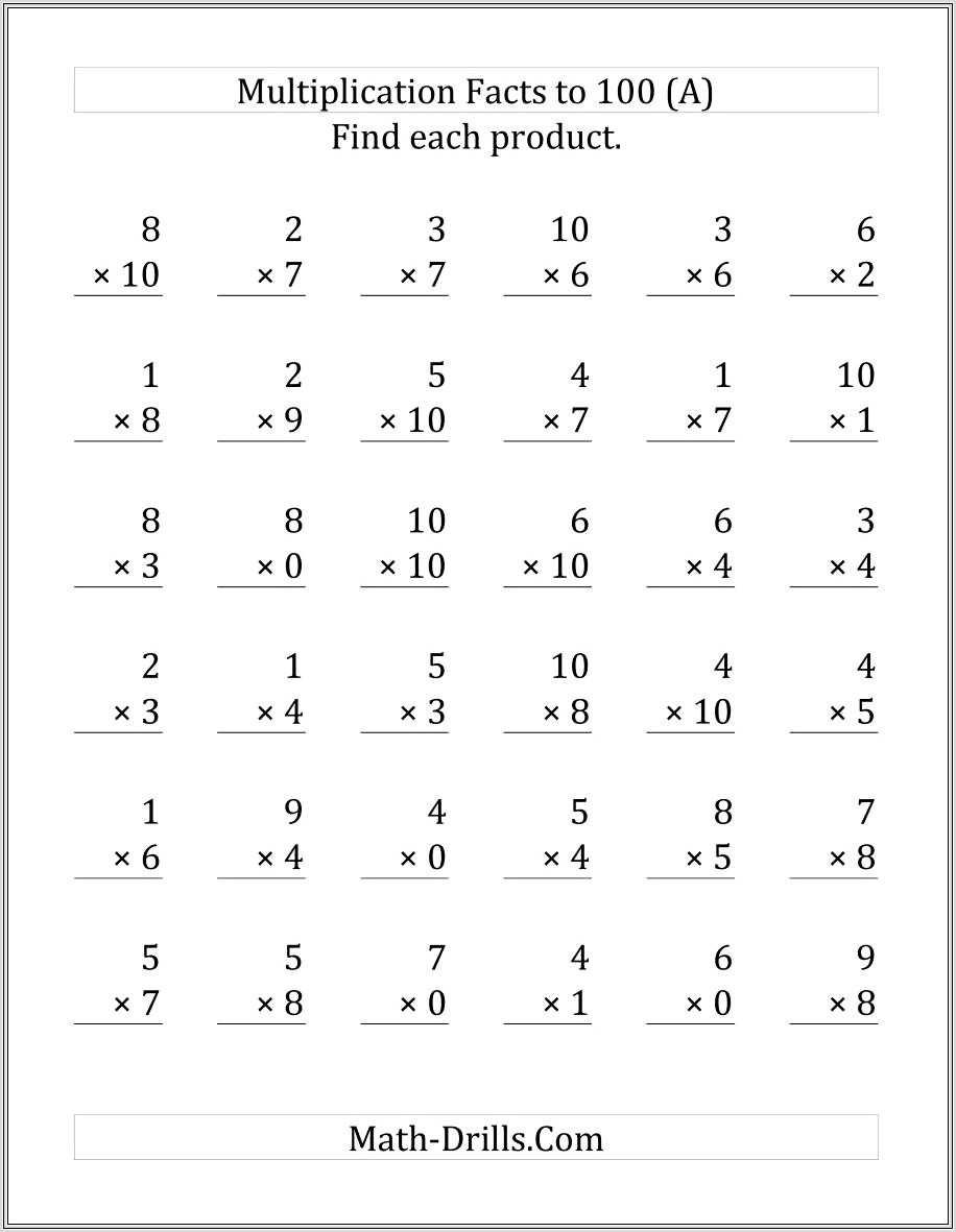 Math Multiplication Worksheets 100 Questions
