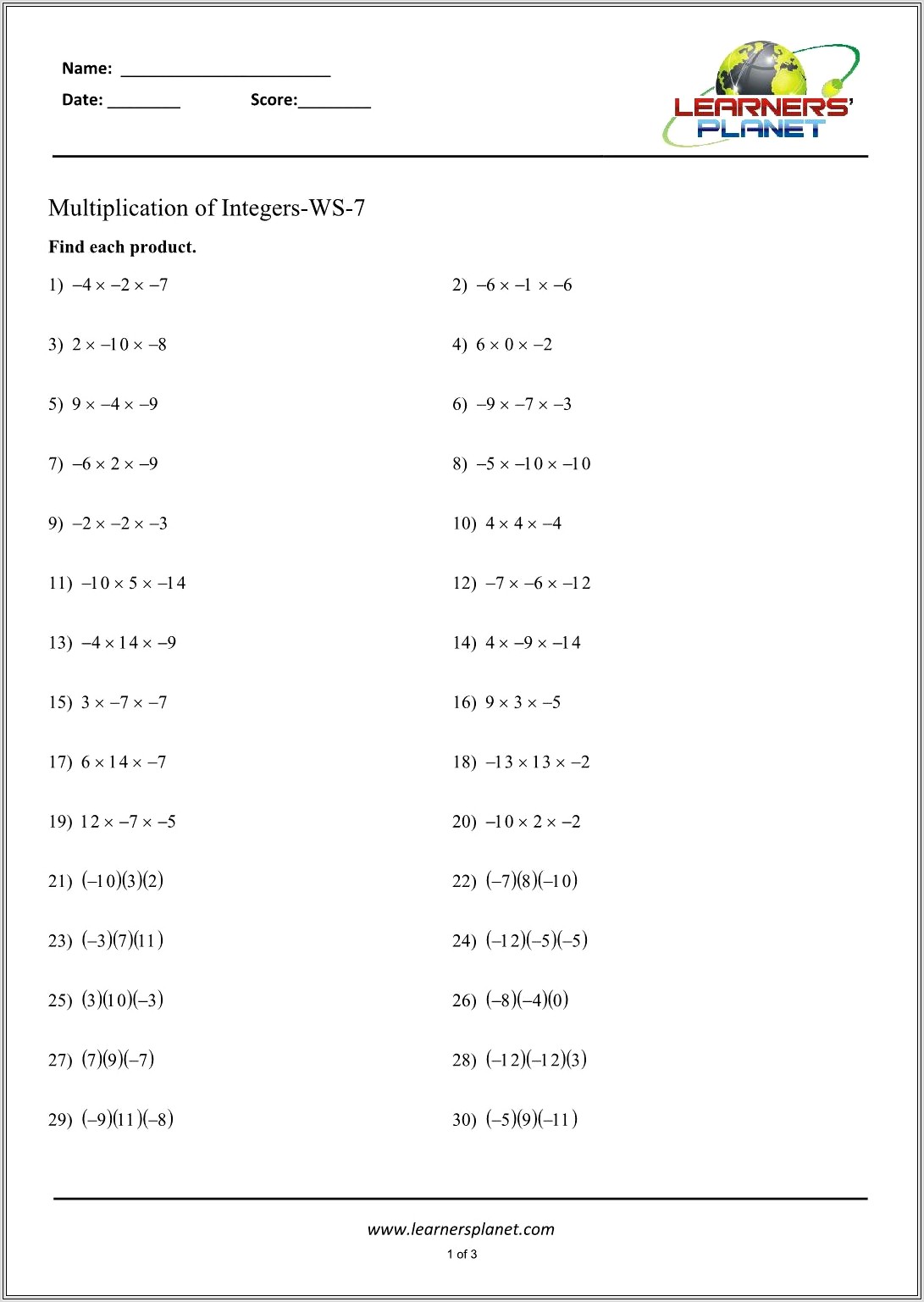 Math Multiplication Worksheets Grade 7