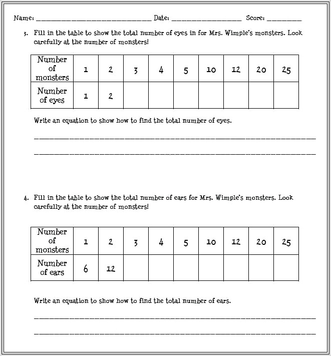 Math Pattern Tables Worksheets