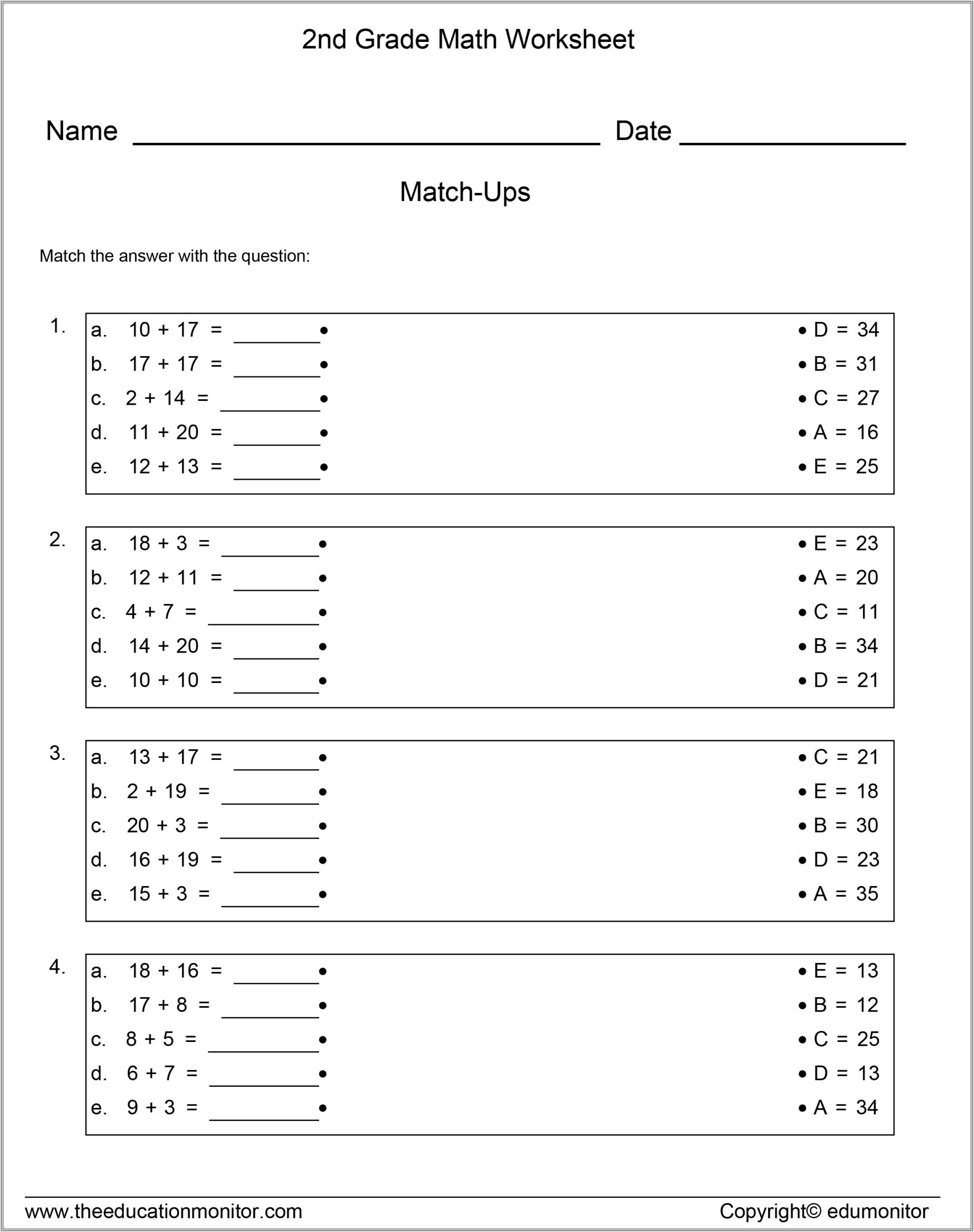 Math Printable Games For 2nd Grade