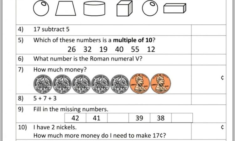 Math Quiz Worksheet For Grade 1