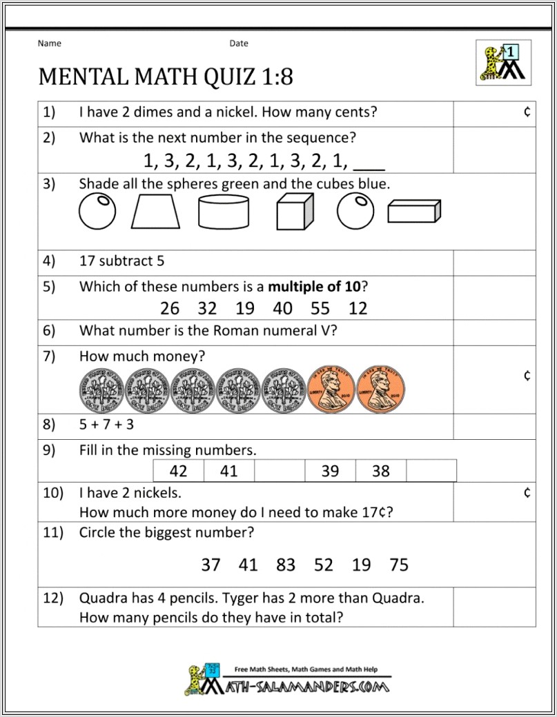 Math Quiz Worksheet For Grade 1