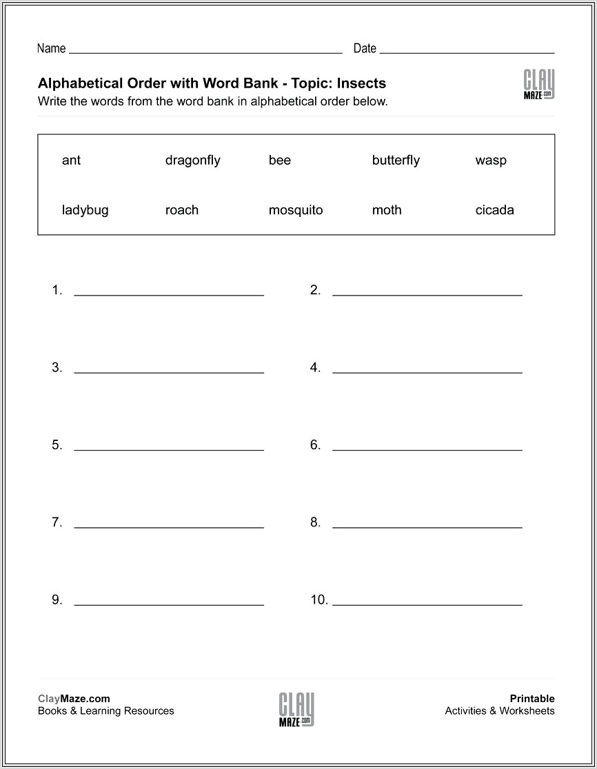 Math Word Bank Worksheet