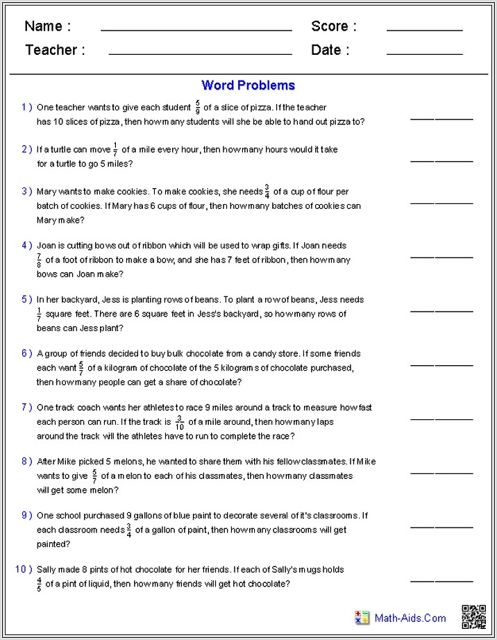 Math Word Problems With Fractions Worksheets