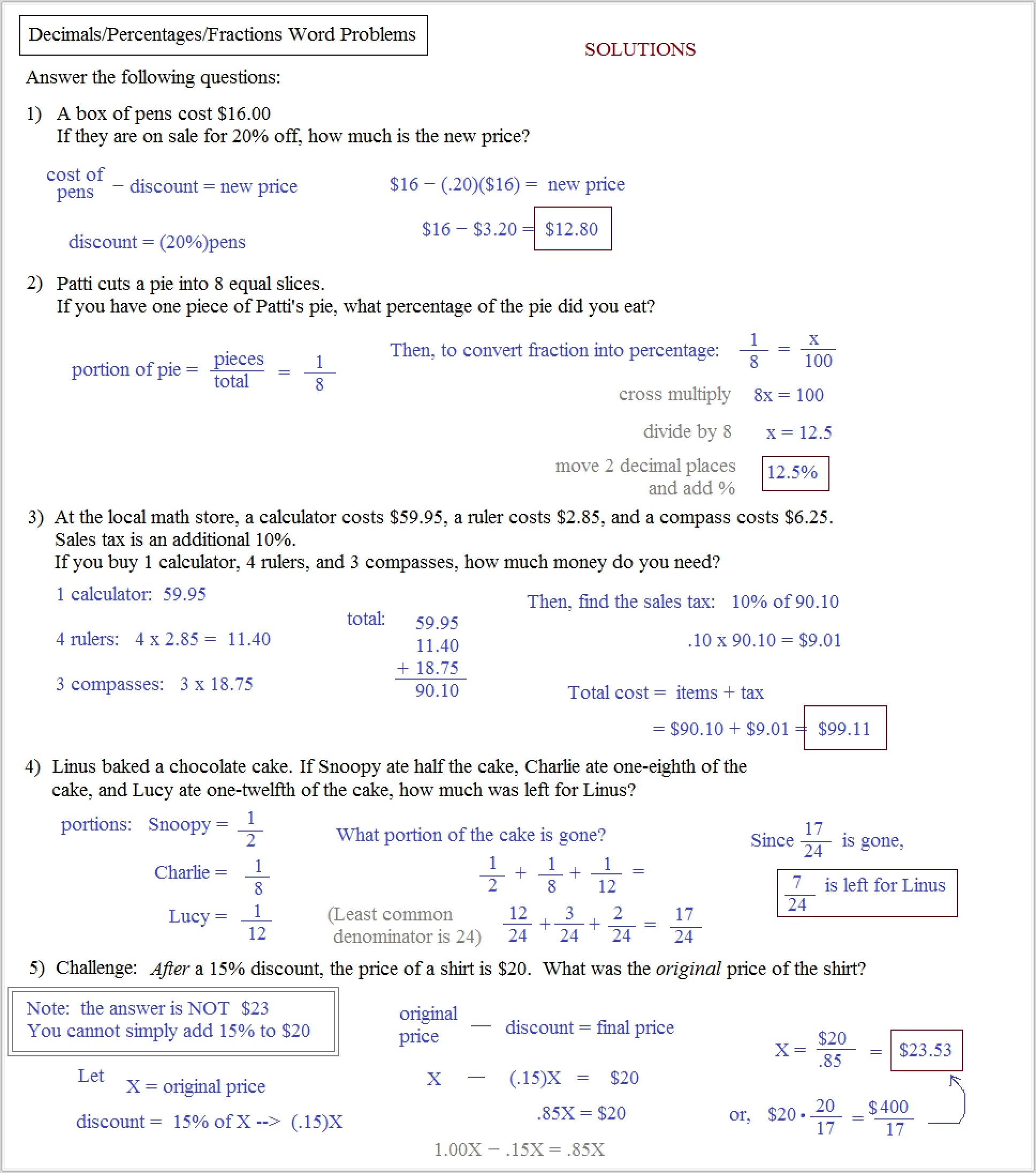 Math Word Problems With Percentages Worksheets