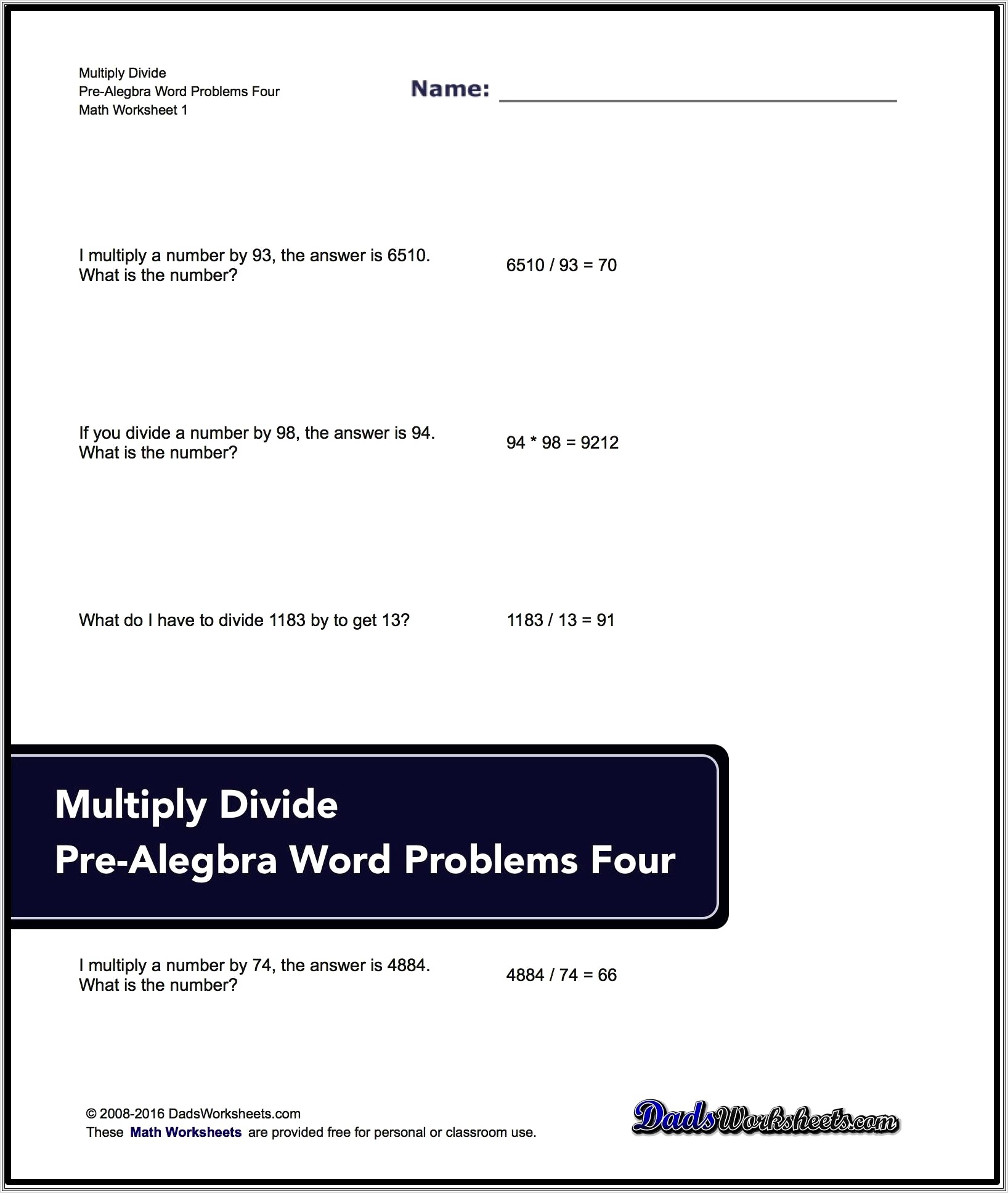 Math Word Problems Worksheets Algebra