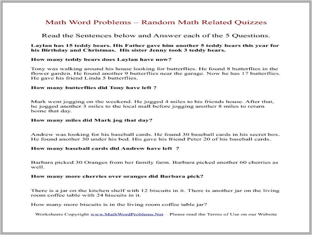 Math Worksheet 3rd Grade Word Problems