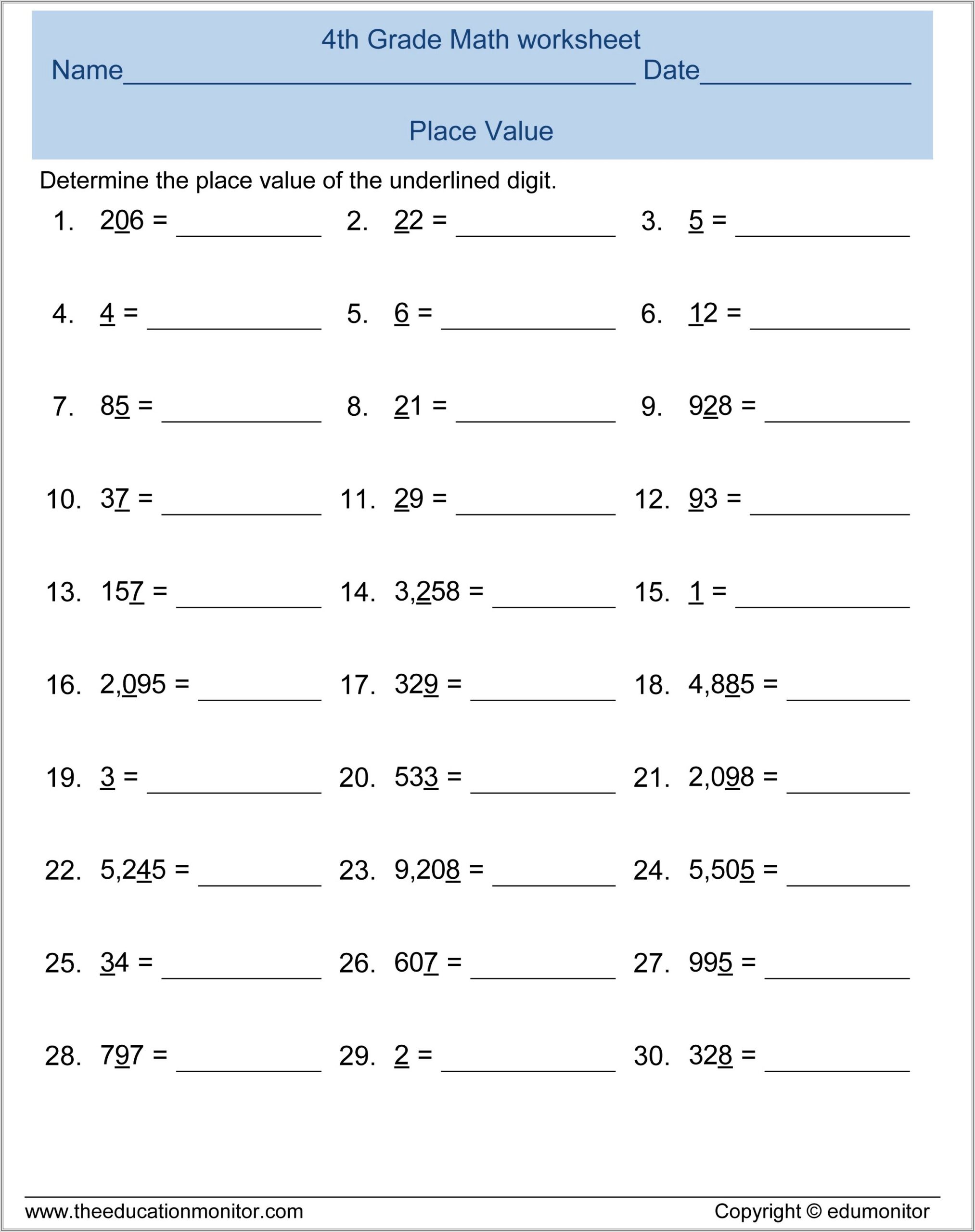 Math Worksheet 4th Grade Place Value